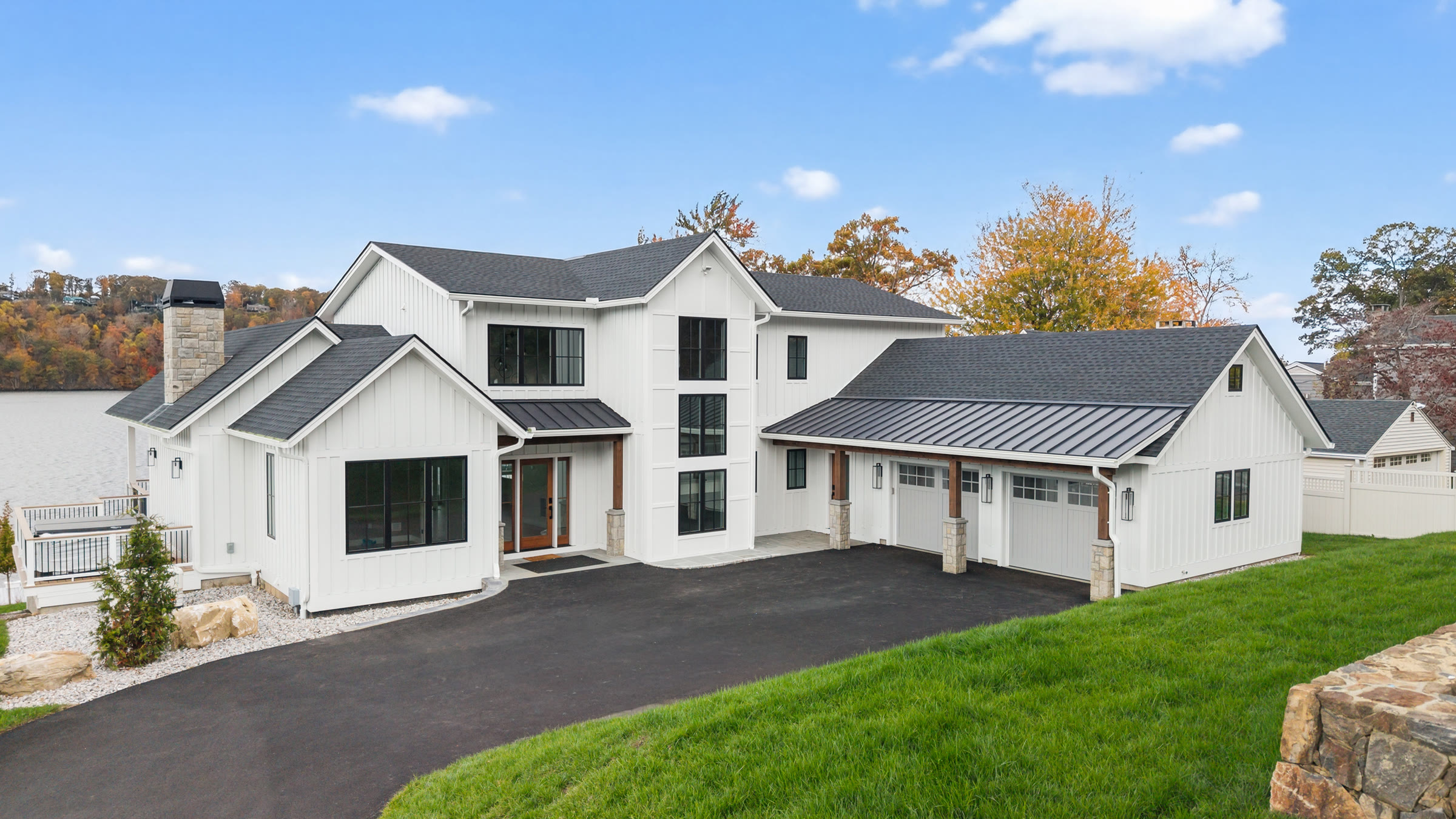 Aerial view of the custom lakefront home at 148 North Lake Shore, Candlewood Shores